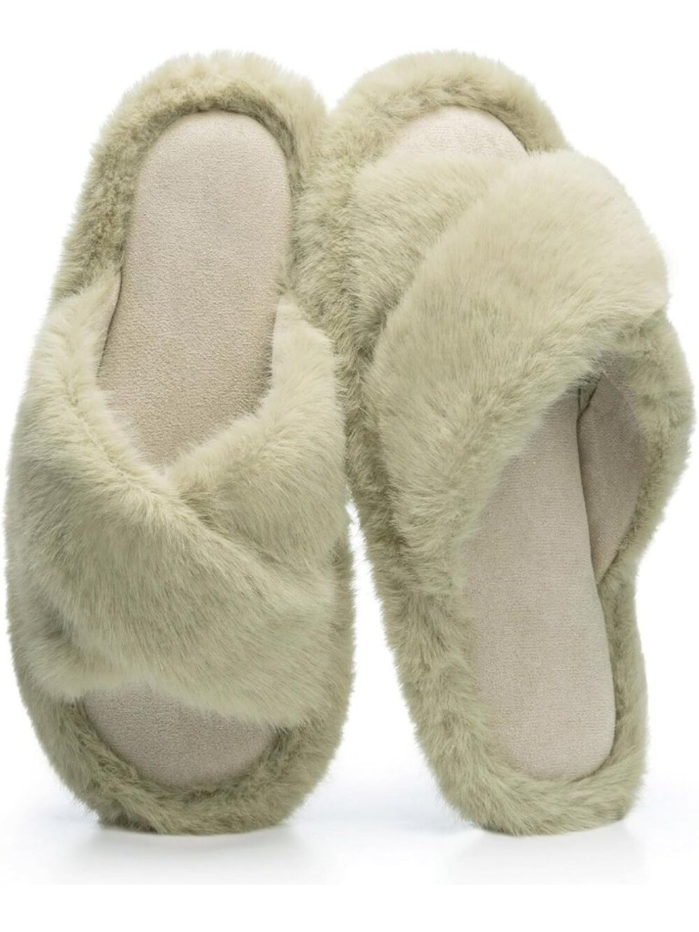 Women's Green Open Toe Fuzzy Fur Cross Band Memory Foam Indoor Slippers